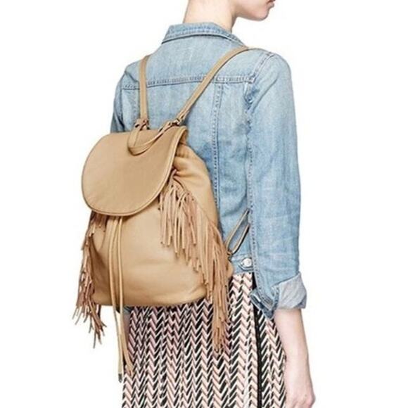 NEW Sam Edelman Supple LEATHER Boho Festival FIFI FRINGE Tan Drawstring Backpack - Picture 1 of 10